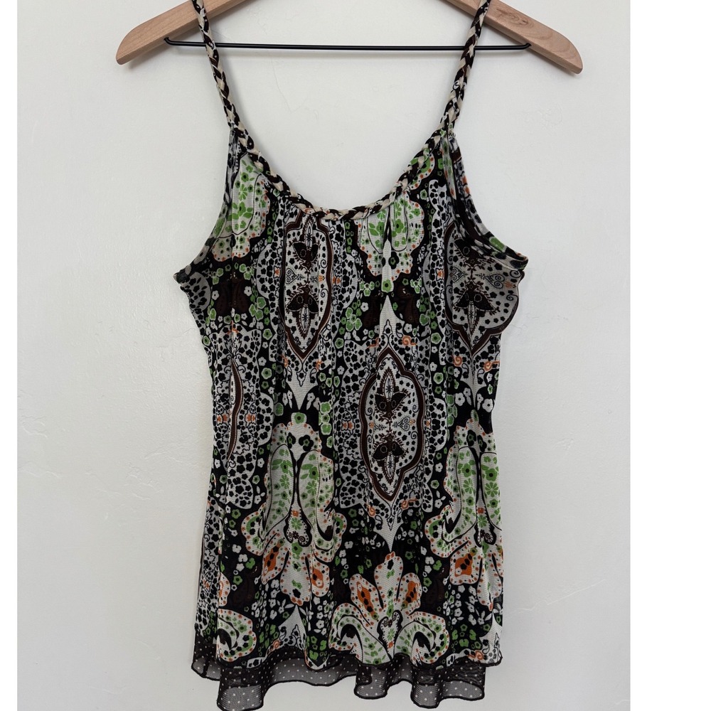Vintage Y2K 00s Layered Mesh Tank Top‎ Braided Straps Forest Fairy Size XL Brown